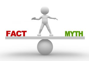 Computer image guy balancing a board with "Fact" and "Myth" on either side