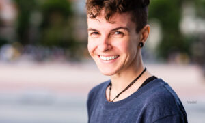 a person in a smiling